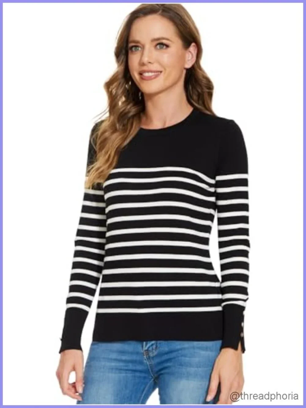 Women's Classic Crewneck Sweater with Buttoned Cuff - Lightweight Knit Pullover